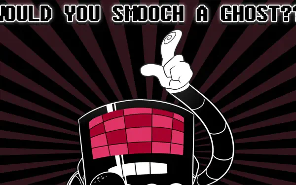 HD PC wallpaper of Undertale (video game) character Mettaton: pink checkered screen face and raised gloved arm against black-and-red radial rays, with bold text above reading Would you smooch a ghost?