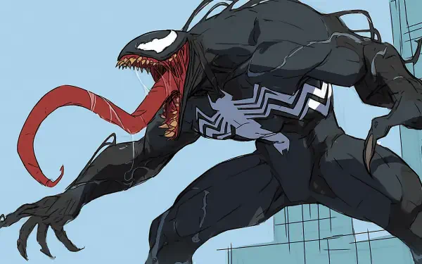 Comic-style illustration of Venom villain with extended tongue and sharp teeth, crouching against a city backdrop — HD PC desktop wallpaper and background.