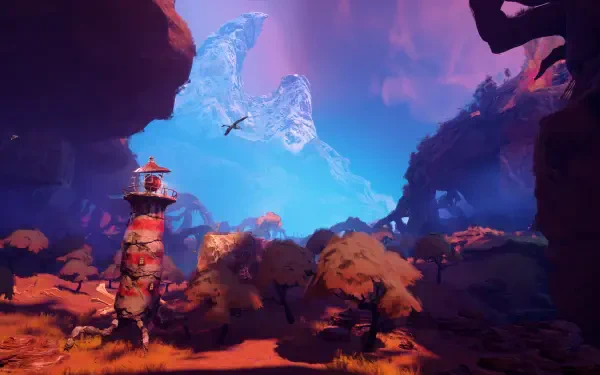 4K Ultra HD PC desktop wallpaper: video game goalkeeper–themed landscape with a weathered lighthouse, rugged orange foliage and rocky formations under a glowing, surreal sky.