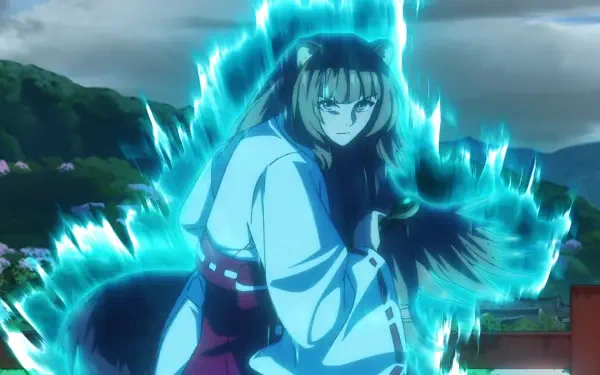 Anime HD PC desktop wallpaper of Raphtalia (The Rising of the Shield Hero) surrounded by a blue ethereal aura against a dusk landscape.