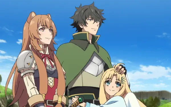 Anime HD PC desktop wallpaper of The Rising of the Shield Hero: Naofumi Iwatani stands between Raphtalia and Filo in a sunny field, the three characters posing together under a blue sky
