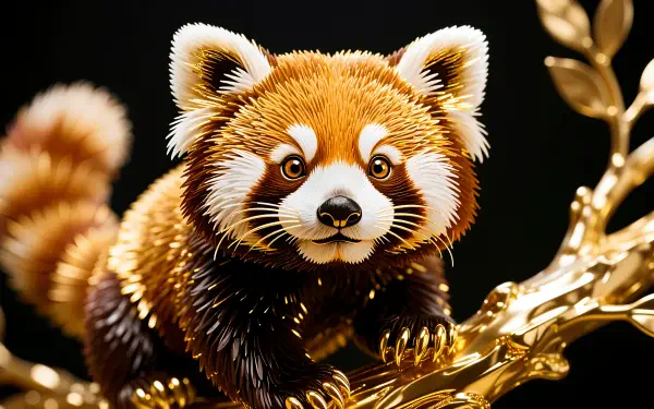 Stylized red panda perched on a gleaming golden branch, rich detail and vivid colors, 4K Ultra HD PC desktop wallpaper/background.