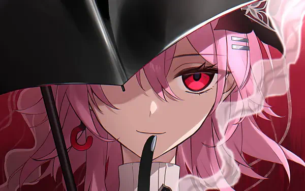 HD PC wallpaper: Evernight from the video game Honkai: Star Rail — close-up, pink hair, red eyes, holding a black umbrella with wisps of smoke curling around her.