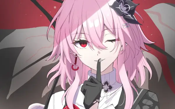 HD PC wallpaper: Evernight from Honkai: Star Rail, pink-haired and red-eyed, winks and raises a gloved finger to her lips in a shushing pose against a red-black backdrop.