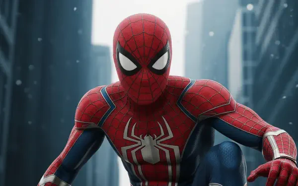 Close-up of Spider-Man in red-blue suit crouched between city skyscrapers with falling snow — 2K Quad HD PC desktop wallpaper and background.