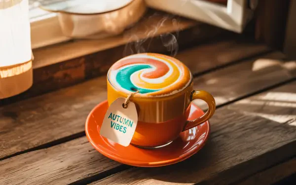 4K Ultra HD PC desktop wallpaper of a steaming pumpkin spice latte in an orange cup and saucer, swirling colorful latte art and a Autumn Vibes tag on a sunlit wooden windowsill.