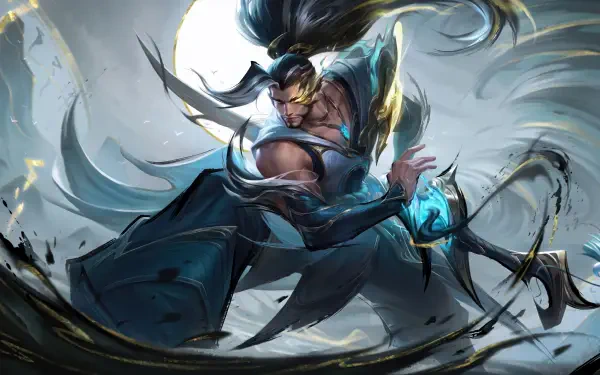 8K Ultra HD PC wallpaper of Yasuo from League of Legends: Wild Rift — wind-blade samurai mid-spin, cloak and sword swirling amid stormy, painterly wind effects.