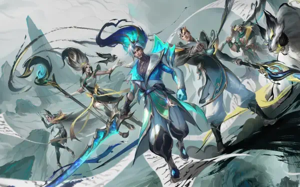 4K Ultra HD PC desktop wallpaper: League of Legends: Wild Rift scene with Yasuo and Jarvan IV clashing in a dramatic, wind-swept battle.