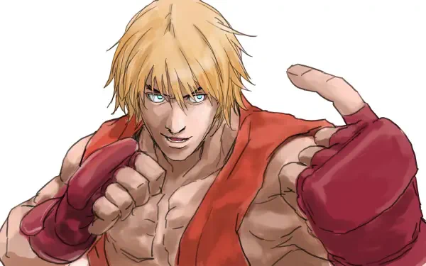HD PC desktop wallpaper of the Street Fighter video game character Ken Masters: muscular blond fighter in a red gi and gloves, poised to strike on a white background.
