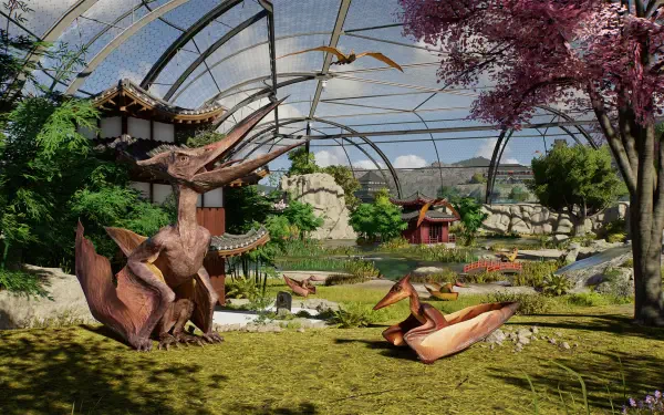 HD PC desktop wallpaper from the video game Jurassic World Evolution 3 showing pterodactyls in a sunlit aviary with Asian-style pagodas and blooming cherry trees