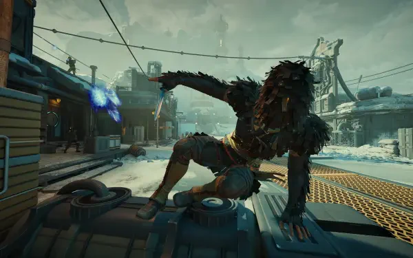 Video game The Outer Worlds 2: crouching armored figure on a snowy industrial rooftop, neon lights and distant structures under a cloudy sky — 4K Ultra HD PC desktop wallpaper and background.