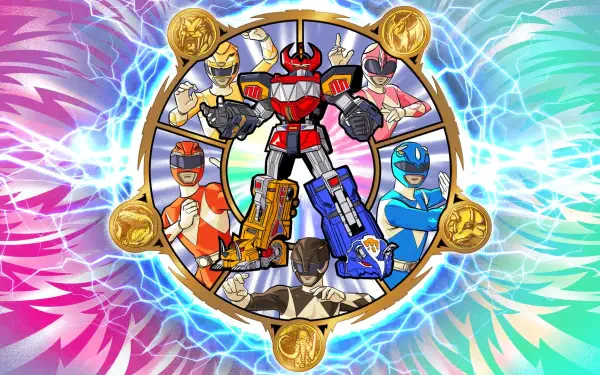HD PC desktop wallpaper: Fortnite video game Power Rangers surrounding their Megazord in a circular emblem with vibrant blue and pink energy.