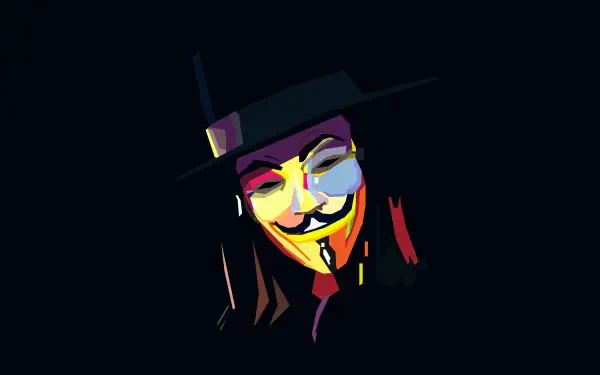 Minimalist 8K Ultra HD PC desktop wallpaper: stylized Guy Fawkes Anonymous mask from V for Vendetta in neon colors against a deep black background.