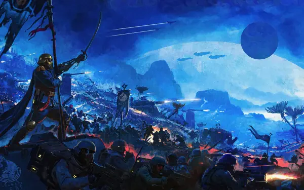 8K Ultra HD PC desktop wallpaper: Helldivers 2 sci‑fi battle in blue tones — armored soldiers, aerial craft and alien warzone beneath a looming planet.