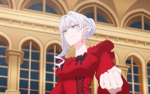 Anime HD PC desktop wallpaper: Scarlett El Vandimion from May I Ask for One Final Thing? — white‑haired woman in a red dress in a grand hall, fist extended and a confident gaze.