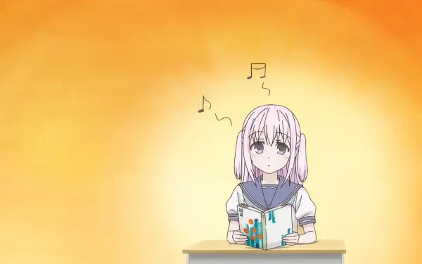 Anime HD PC wallpaper: inexpressive Kashiwada (pink-haired) sits at a desk reading a small book with musical notes, referencing the Inexpressive Kashiwada and Expressive Oota tag against an orange gradient background.