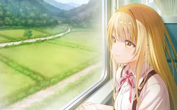 Anime 2K Quad HD PC wallpaper: Mahiru Shiina from The Angel Next Door Spoils Me Rotten gazes out a train window at sunlit countryside.