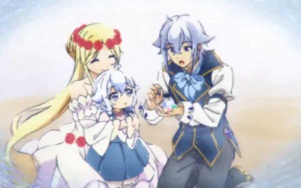 HD anime desktop wallpaper: Ellen, Rovel Vankreift and Origin from Dad is a Hero, Mom is a Spirit, I'm a Reincarnator — parents gently holding a small child in a soft pastel scene.