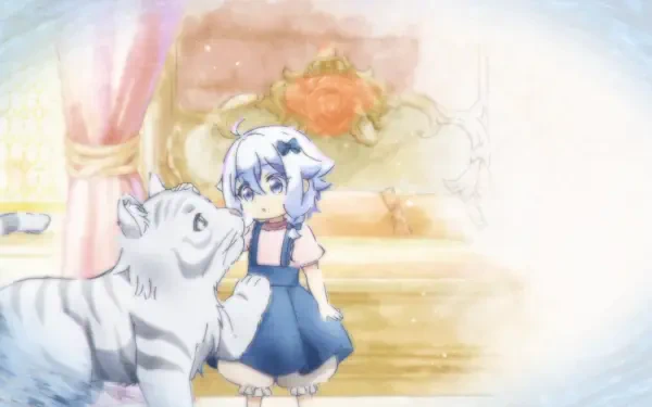 Anime HD desktop wallpaper of Ellen from Dad is a Hero Mom is a Spirit I'm a Reincarnator — a blue‑haired girl in a navy dress gently touching a white tiger in a sunlit, dreamy room.