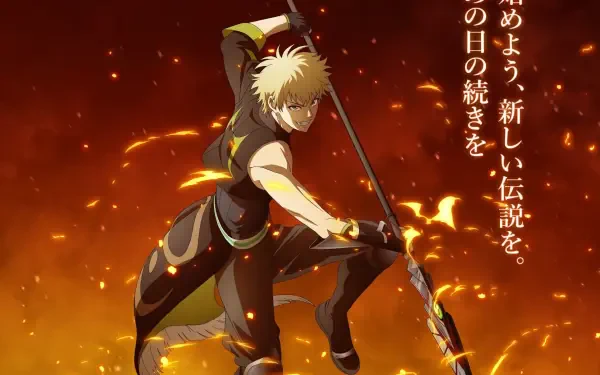 Anime HD PC wallpaper and background from The Banished Court Magician Aims to Become the Strongest — blond court magician in a dynamic pose, wielding a flaming polearm amid embers and orange glow.