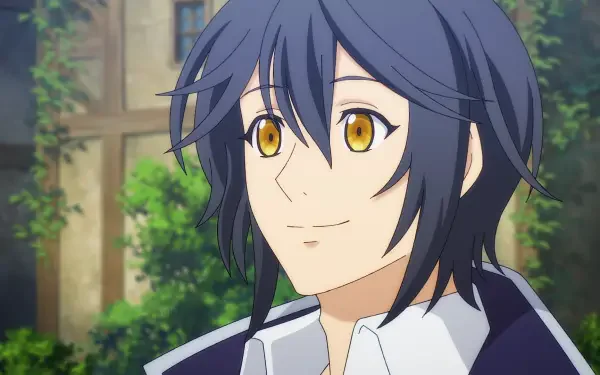 Anime HD wallpaper: Alec Huguette from The Banished Court Magician Aims to Become the Strongest — close-up smiling with blue hair and golden eyes in a sunlit courtyard background.