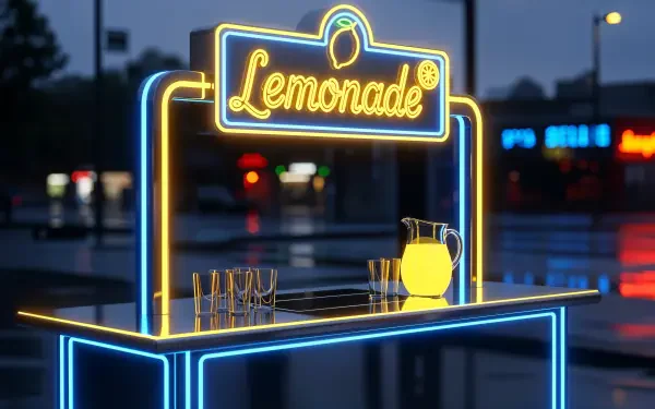 Neon-lit lemonade stand with glowing sign, pitcher and glasses on wet pavement at dusk — 4K Ultra HD PC desktop wallpaper and background.