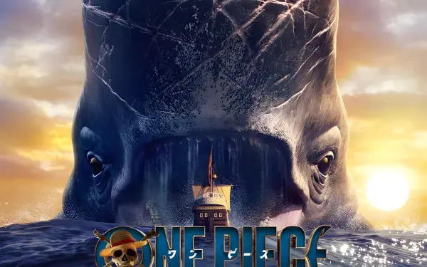 4K Ultra HD PC desktop wallpaper of Laboon from the TV show One Piece (Live Action): a giant whale looming over a small ship at sunset with the One Piece logo on the waves.