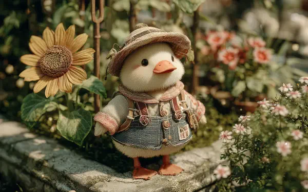 Cute AI Art toy animal: a plush duck in a straw hat and denim overalls on a mossy stone ledge among sunflowers and blossoms — 2K Quad HD PC desktop wallpaper/background.