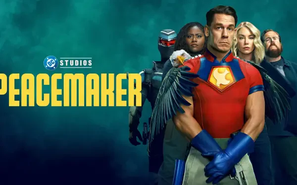 Peacemaker (DC Comics) TV show 4K Ultra HD PC wallpaper: Peacemaker in red-and-blue costume stands front with teammates behind him, title logo on a teal background.