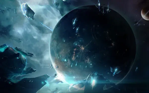 Endless Space 2 video game HD PC desktop wallpaper and background: massive dark planet framed by glowing debris, teal nebula clouds and distant starships.