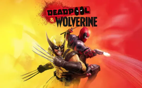 5K Ultra HD PC desktop wallpaper: Wolverine and Deadpool back-to-back, Wolverine's claws extended and Deadpool firing a gun against a split yellow-to-red background with Deadpool & Wolverine logo.