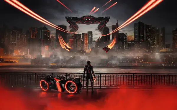 Tron: Ares 8K Ultra HD PC desktop wallpaper and background — lone rider with glowing lightcycle faces a towering crab-like mech over a neon-red futuristic city skyline.