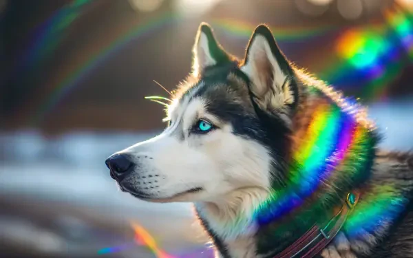 Siberian husky with piercing blue eyes against a soft-focus snowy backdrop, rainbow light flares across its fur — 4K Ultra HD PC desktop wallpaper and background.