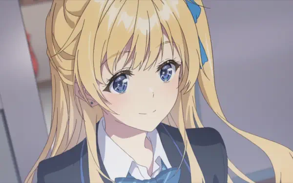 HD anime desktop wallpaper of Yuuko Hiiragi from Chitose Is in the Ramune Bottle: blonde schoolgirl with blue ribbon and bow, blue eyes and a gentle smile against a soft, blurred background.