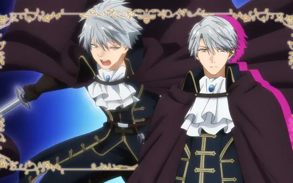 Anime HD PC wallpaper of Aristide Roger de Galbraith from Pass the Monster Meat Milady!—two poses in an ornate dark cloak and ruffled cravat against a blue-purple backdrop.