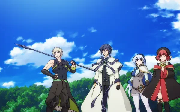 HD PC desktop wallpaper showing four anime characters from The Banished Court Magician Aims to Become the Strongest standing on a grassy ridge beneath a bright blue sky with scattered clouds.
