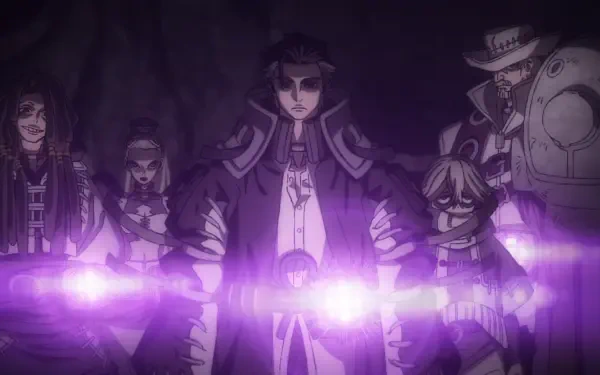 Anime Gachiakuta HD PC desktop wallpaper: a dark, dramatic group of characters led by a stern figure, bathed in a horizontal purple energy glow.