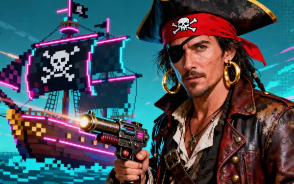 4K Ultra HD PC desktop wallpaper and background — rugged pirate with a red bandana, gold hoop earrings and pistol stands before a neon, pixelated pirate ship under a stormy teal sky.