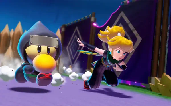 Princess Peach Showtime! HD PC desktop wallpaper showing Princess Peach in a black stage outfit sprinting with a hooded, round companion across a vibrant theatrical backdrop.