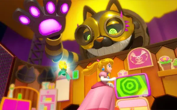 Princess Peach Showtime! HD PC desktop wallpaper and background: Princess Peach on a bright, colorful stage beneath a giant mechanical cat head with a glowing paw, surrounded by game cabinets and lights.