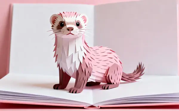 Paper-crafted pink-and-white ferret stands on an open book against a soft pink backdrop — 4K Ultra HD PC Desktop Wallpaper and Background.