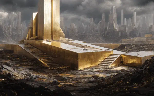 4K Ultra HD PC desktop wallpaper, sci-fi structure: monumental golden platform with ramps and stairs on a rocky wasteland beneath a stormy, futuristic skyline.