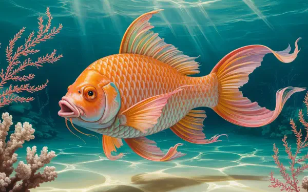 Vibrant orange-gold fish swimming above a sandy seabed with coral and sunbeams through turquoise water — 4K Ultra HD PC desktop wallpaper and background.