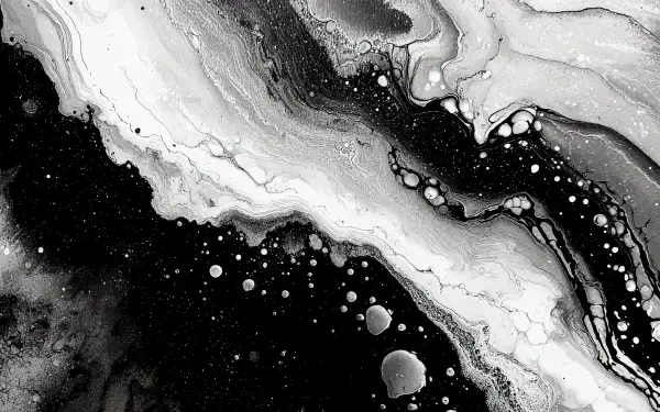 Abstract black-and-white marbleized ink flow and droplets, high-contrast textures and swirls — 4K Ultra HD PC desktop wallpaper background.