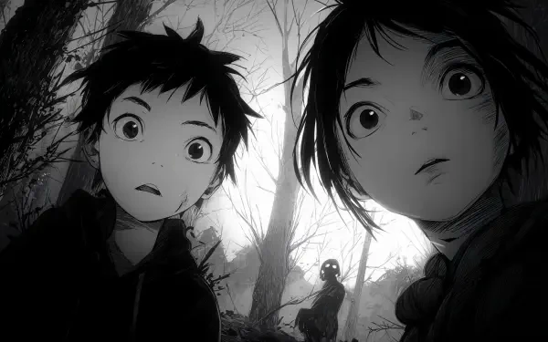Spooky anime 4K Ultra HD PC desktop wallpaper: two wide-eyed kids in a stark, foggy forest stare ahead while a small shadowy figure with glowing eyes watches from behind.
