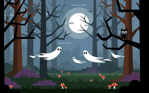 Haunted Forest 4K Ultra HD PC desktop wallpaper and background: moonlit, fog-filled woods with bare trees, three floating white ghosts, an owl on a branch and mushrooms dotting misty forest floor.
