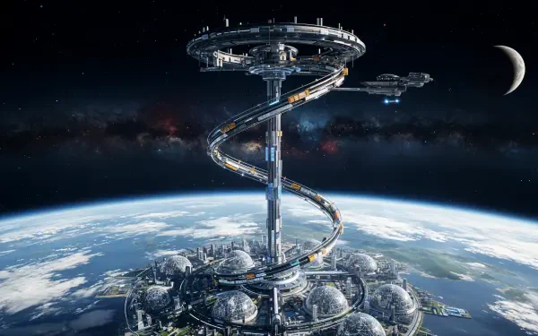 Sci Fi 4K Ultra HD PC desktop wallpaper of a towering space elevator spiraling from a futuristic Earth city into orbit, with ringed orbital platforms and a crescent moon overhead.
