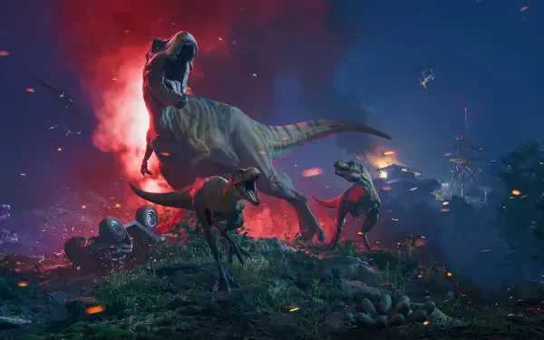 Video game — Jurassic World Evolution 3 4K Ultra HD PC desktop wallpaper: T. rex and raptors clash on a lava-lit night with explosions and park lights glowing in the smoky distance.
