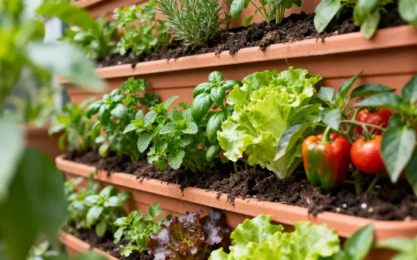 Vertical garden of herbs, lettuce and ripe tomatoes in terracotta tiers — vibrant close-up 4K Ultra HD PC desktop wallpaper and background.