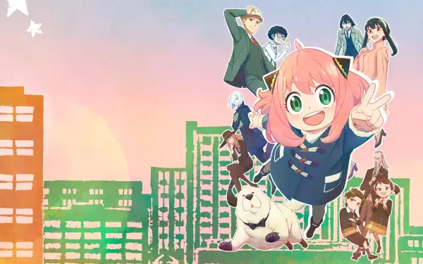 Spy x Family 4K Ultra HD PC desktop wallpaper background: Anya smiling and flashing a peace sign alongside Bond, Loid and Yor against a pastel city skyline.